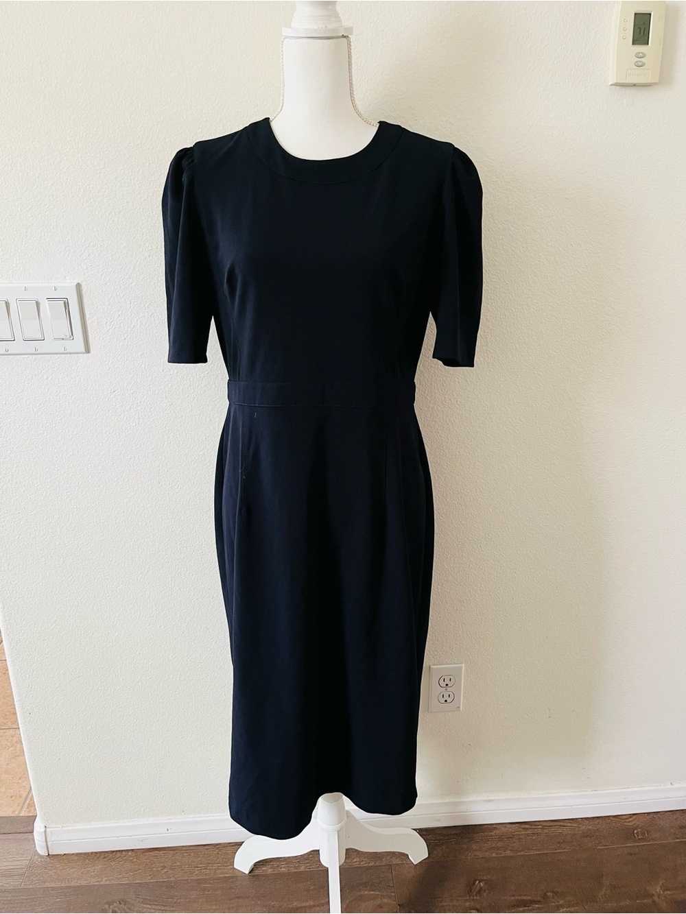 Donna Morgan Black Midi Dress with Puff Sleeves